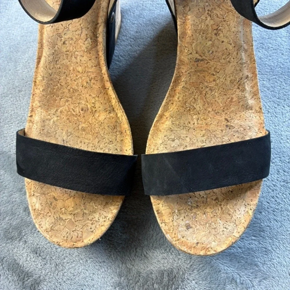 Lucky Brand McDowell Black Leather Cork Wedge Heel Sandals Womens 8M LK-MCDOWELL